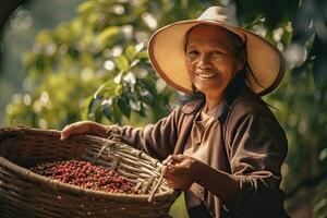 Portrait of a happy Vietnamese female farmer In the background, there is a farmer picking berries of Arabica Robusta coffee. Generative Ai photo