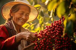 Portrait of a happy Vietnamese female farmer In the background, there is a farmer picking berries of Arabica Robusta coffee. Generative Ai photo