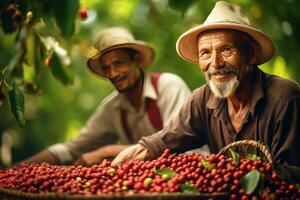 retrato de contento vietnamita agricultores en el fondo, allí es un granjero cosecha bayas de arábica y robusta café. generativo ai foto