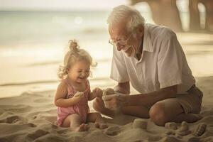 Happy Grandfather playing with granddaughter on the beach. Generate Ai photo