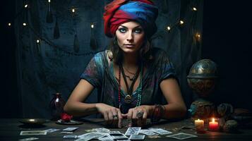 A beautiful tarot reader or Fortune teller reading and forecasting concept. gypsy card. Generative Ai photo