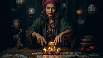A beautiful tarot reader or Fortune teller reading and forecasting concept. gypsy card. Generative Ai photo
