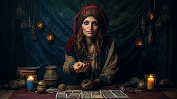 A beautiful tarot reader or Fortune teller reading and forecasting concept. gypsy card. Generative Ai photo