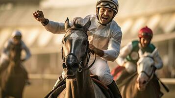 carrera caballos, carrera caballos con jinetes con movimiento difuminar. jockey para el ganar en el hipódromo. generativo ai foto