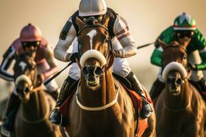 Race horses, Race horses with jockeys with motion blur. Jockeying for the win in the racecourse. Generative Ai photo