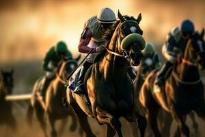 Race horses, Race horses with jockeys with motion blur. Jockeying for the win in the racecourse. Generative Ai photo