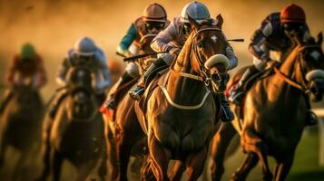 carrera caballos, carrera caballos con jinetes con movimiento difuminar. jockey para el ganar en el hipódromo. generativo ai foto