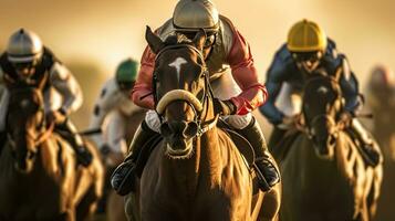 carrera caballos, carrera caballos con jinetes con movimiento difuminar. jockey para el ganar en el hipódromo. generativo ai foto