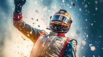 Joyful Racing driver celebrating with champagne spray with ribbons scattered on background. Race car driver celebrating the win. Generative Ai photo