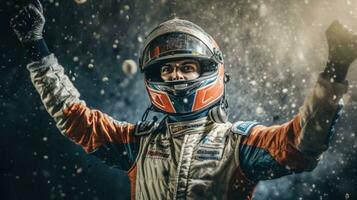Joyful Racing driver celebrating with champagne spray with ribbons scattered on background. Race car driver celebrating the win. Generative Ai photo