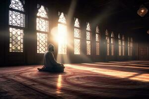 A religious muslim man praying inside the mosque. Muslim. Generative Ai photo
