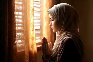 A religious muslim woman praying inside the mosque. Muslim. Generative Ai photo