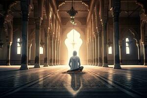 A religious muslim woman praying inside the mosque. Muslim. Generative Ai photo