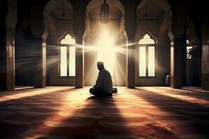 A religious muslim man praying inside the mosque. Muslim. Generative Ai photo