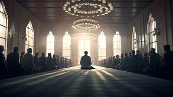 Many muslims praying inside the mosque. Muslim. Generative Ai photo