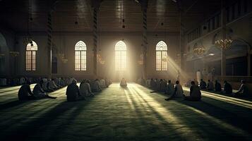 Many muslims praying inside the mosque. Muslim. Generative Ai photo