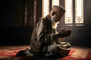 Senior religious muslim man praying at home. Muslim. Generative Ai photo