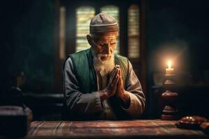 Senior religious muslim man praying at home. Muslim. Generative Ai photo