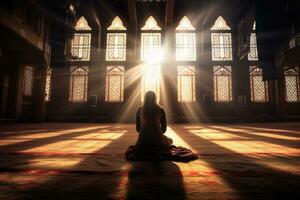 A religious muslim woman praying inside the mosque. Muslim. Generative Ai photo