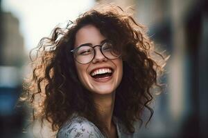 Happy satisfied woman wearing glasses portrait outside. Generative Ai photo