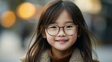 Happy satisfied asian girl wearing glasses portrait outside. Generative Ai photo