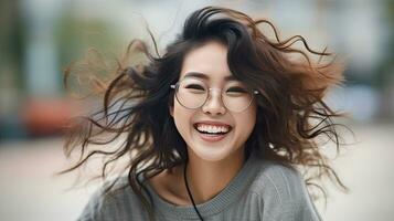 Happy satisfied asian woman wearing glasses portrait outside. Generative Ai photo