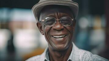 contento satisfecho negro personas mayor hombre vistiendo lentes retrato afuera. generativo ai foto