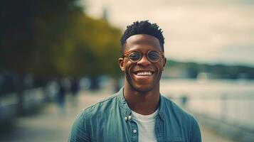 Happy satisfied black people man wearing glasses portrait outside. Generative Ai photo