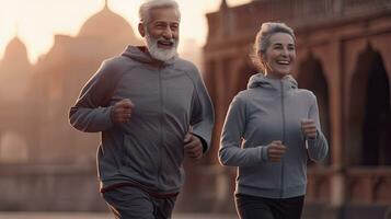 un Pareja de mayor correr, contento Pareja de mayor trotar en el Mañana. generativo ai foto