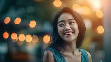 Happy satisfied asian woman portrait outside. Generative Ai photo