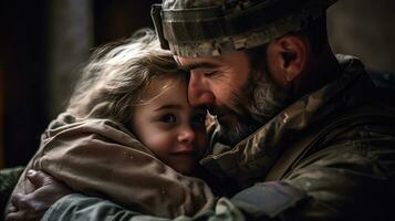 Affectionate military reunion between father and daughter, Father hugging child. Generative AI. photo