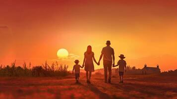 A Family, Happy family, mother, father, children son and daughter on nature on sunset. Generative Ai photo