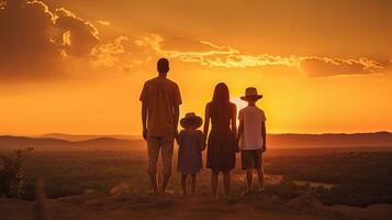 A Family, Happy family, mother, father, children son and daughter on nature on sunset. Generative Ai photo