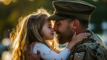 Affectionate military reunion between father and daughter, Father hugging child. Generative AI. photo