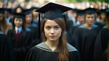 A young female smiling graduate against the background of university graduates. Generative Ai photo