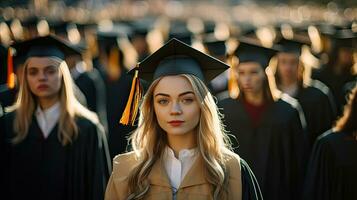 A young female smiling graduate against the background of university graduates. Generative Ai photo