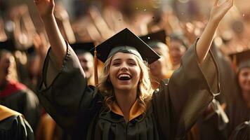 A young woman student hands up celebrating university graduate. Generative Ai photo