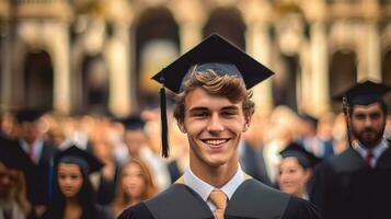 A young male smiling graduate against the background of university graduates. Generative Ai photo