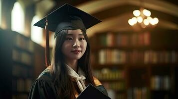 Asian student in academic gown and graduation cap holding diploma. Generative Ai photo