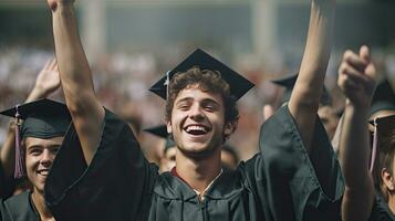 A young man student hands up celebrating university graduate. Generative Ai photo