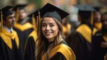 A young female smiling graduate against the background of university graduates. Generative Ai photo