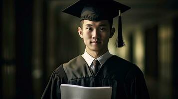 asiático estudiante en académico vestido y graduación gorra participación diploma. generativo ai foto