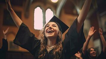 A young woman student hands up celebrating university graduate. Generative Ai photo