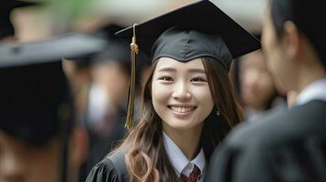 Asian young male smiling graduate against the background of university graduates. photo