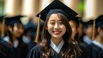 Asian young male smiling graduate against the background of university graduates. photo