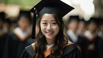 Asian young male smiling graduate against the background of university graduates. photo