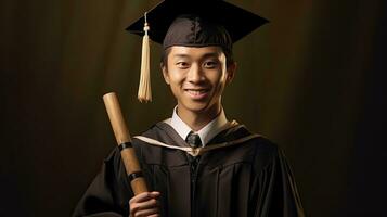 Asian student in academic gown and graduation cap holding diploma. Generative Ai photo