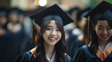 Asian young male smiling graduate against the background of university graduates. photo