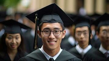 Asian young male smiling graduate against the background of university graduates. photo