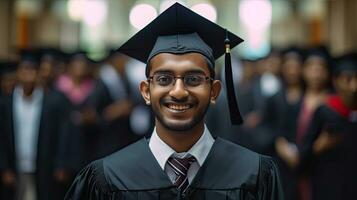 Happy indian male graduate against the background of university graduates. Generative Ai photo